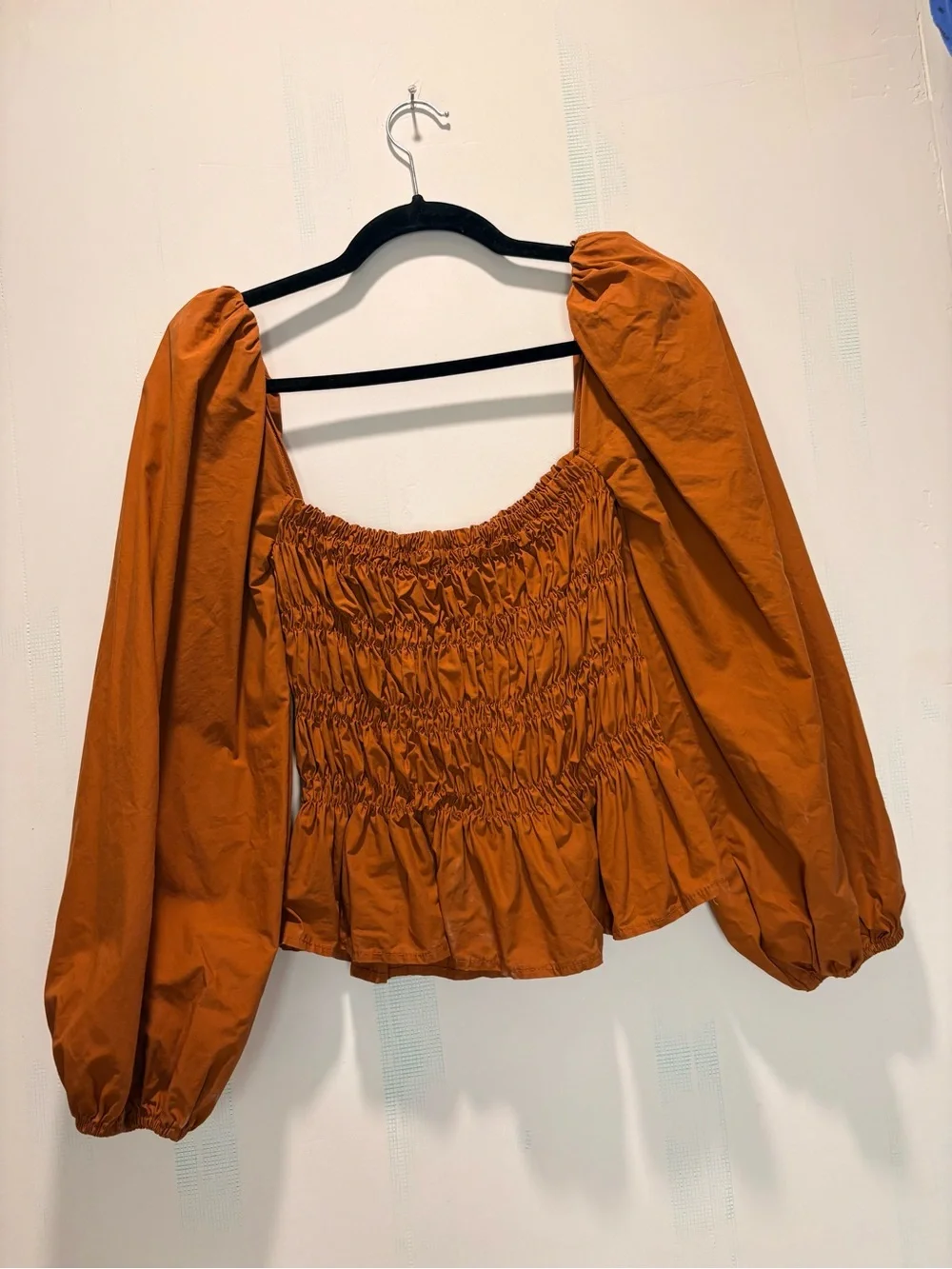 Astr The Label Rust Smocked Square-Neck Puff Bubble  Sleeve Top Size S Cottage